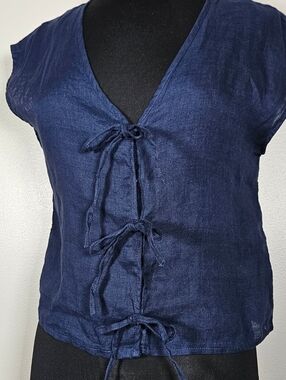 Cynthia Rowley Linen Navy Boxy Sleeveless Top Cropped Tie Detail S